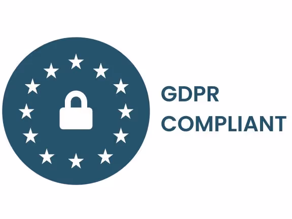 A blue circle with stars and the word GDPR Compliance.