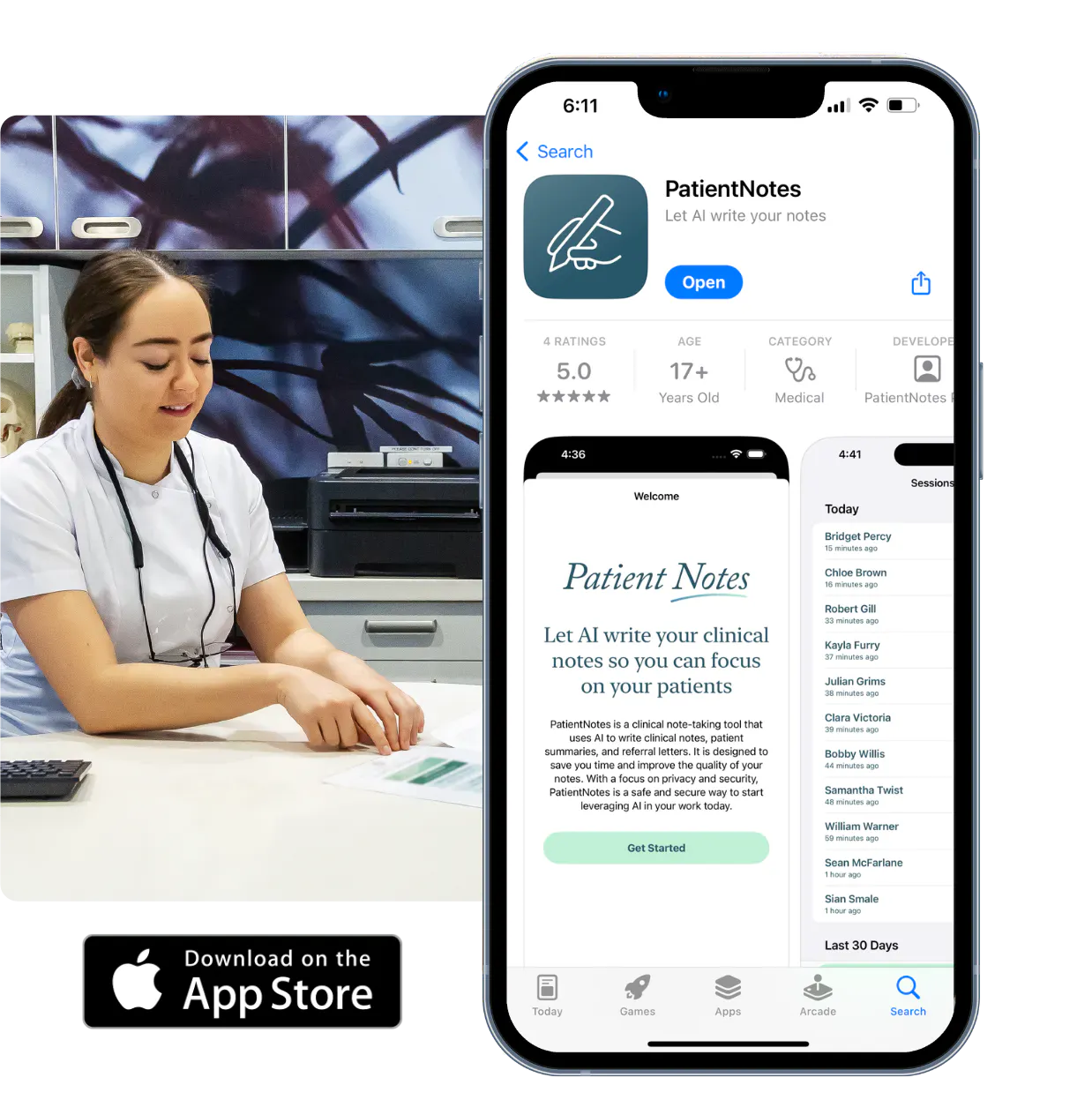 A woman is holding a phone with an app on it that says patient notes.