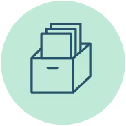 A green circle with papers inside a box.
