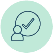 A green circle with a person and blue checkmark in it.