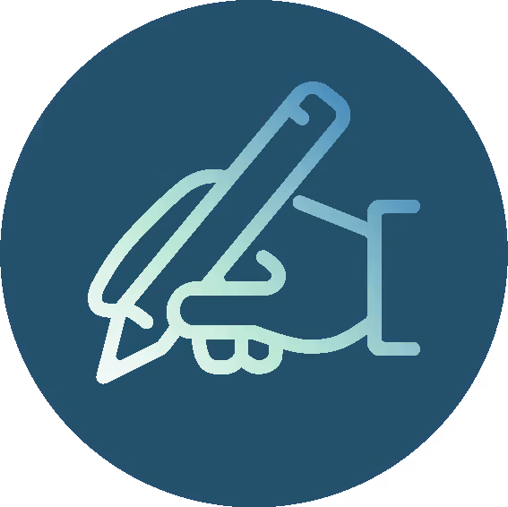 A blue circle with a hand holding a pen.