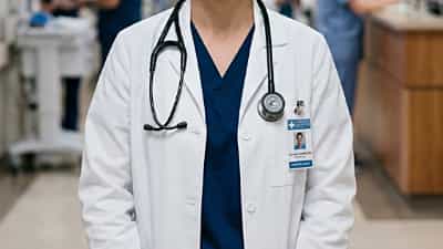 A general medicine doctor wearing a lab coat and stethoscope in a hospital.